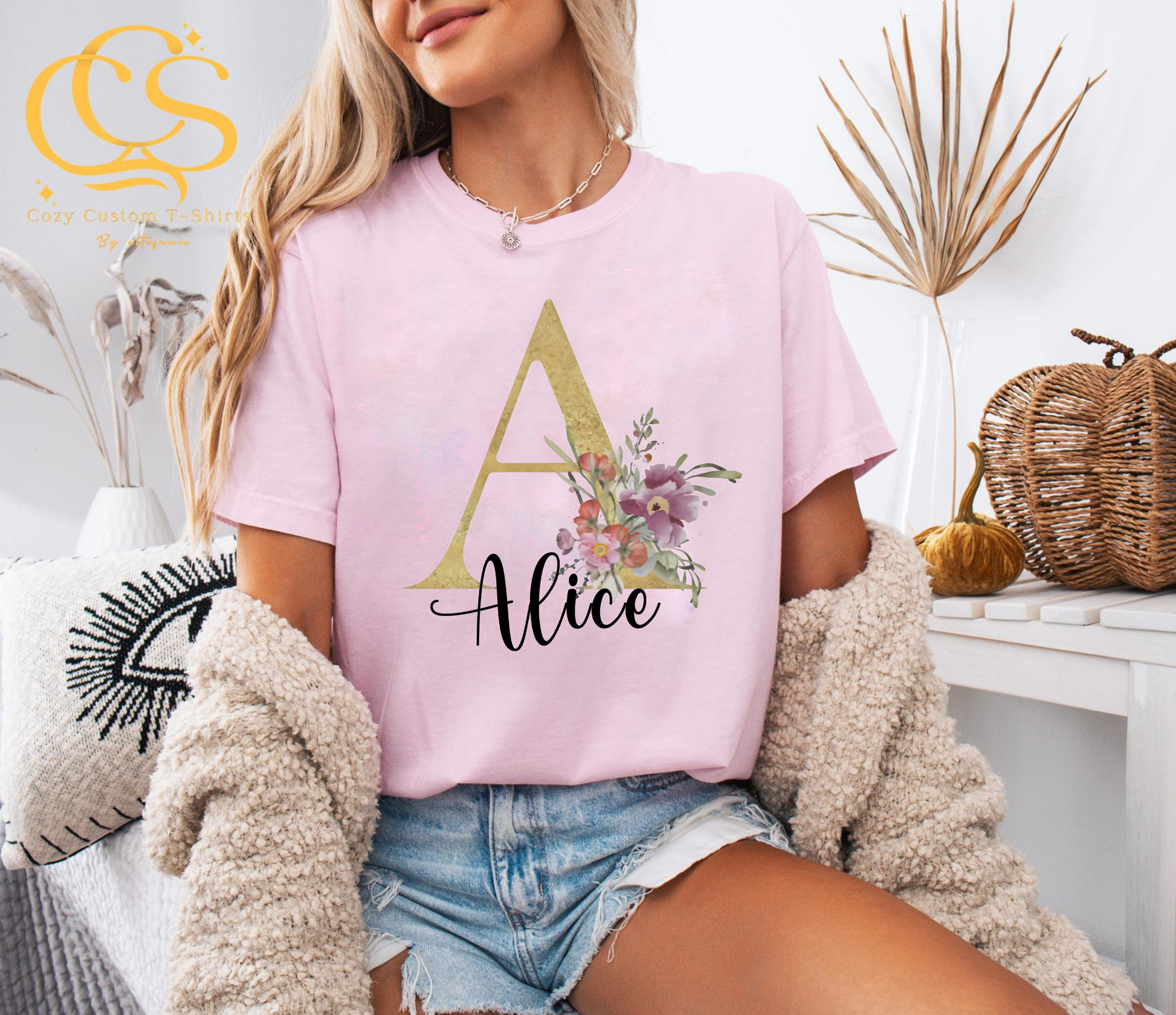 Custom Name Letter Shirt, Floral Monogram T-Shirt, Personalized Initial Shirt Gift, Custom Name Tee for Her, Aesthetic Flower Shirt