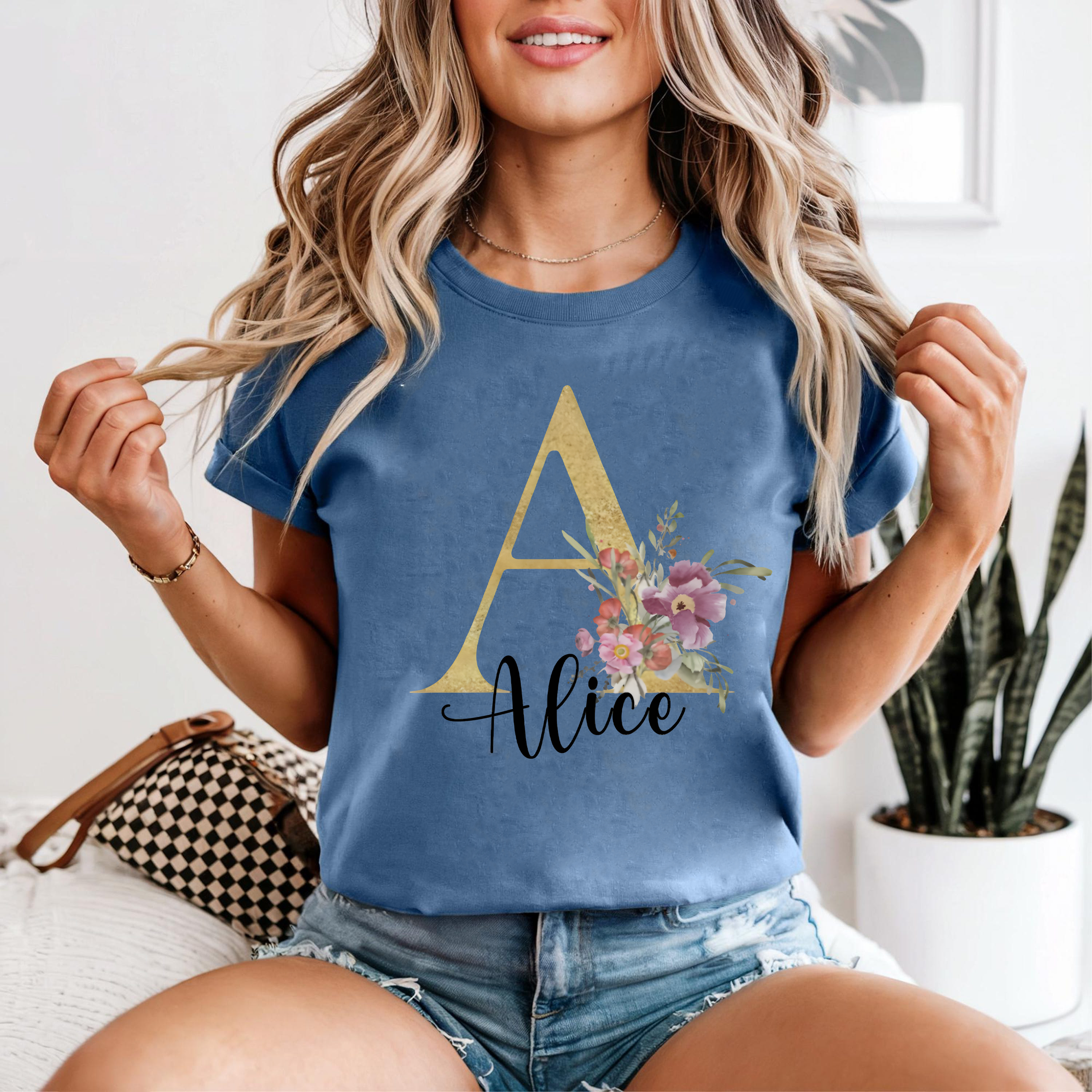 Custom Name Letter Shirt, Floral Monogram T-Shirt, Personalized Initial Shirt Gift, Custom Name Tee for Her, Aesthetic Flower Shirt