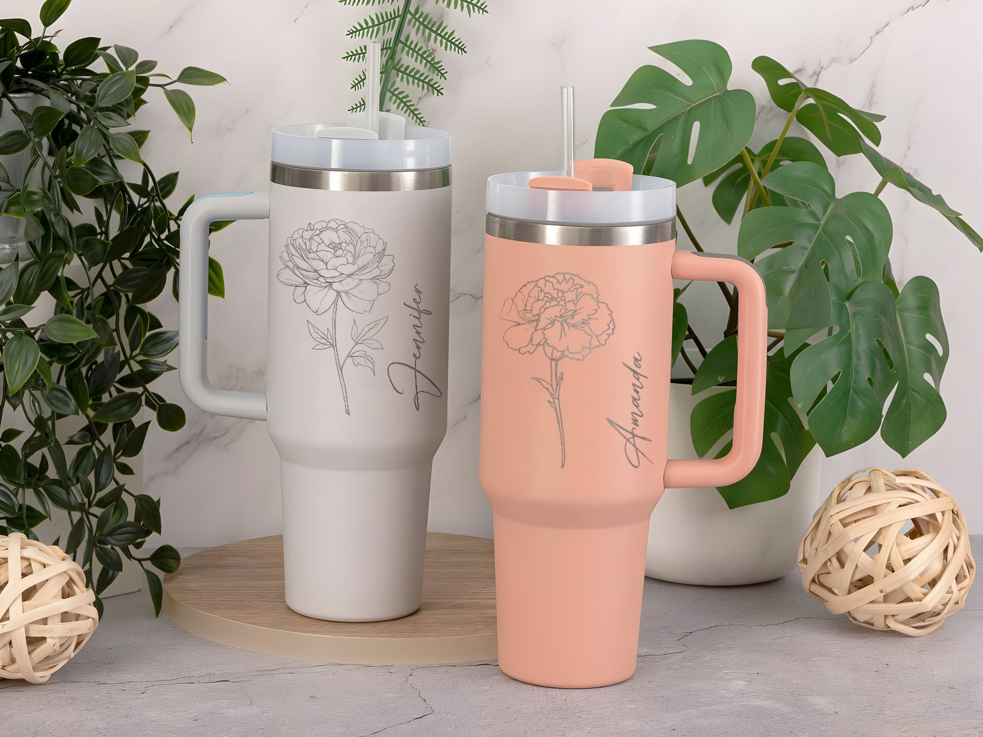 Personalized 40oz Tumbler with Handle, Birth Flower Tumbler with Straw, Custom Name Insulated Cup, Monthly Bloom Floral Gift, Birthday Gift, Bridesmaid Gift, Mother’s Day Gift, Christmas Gift