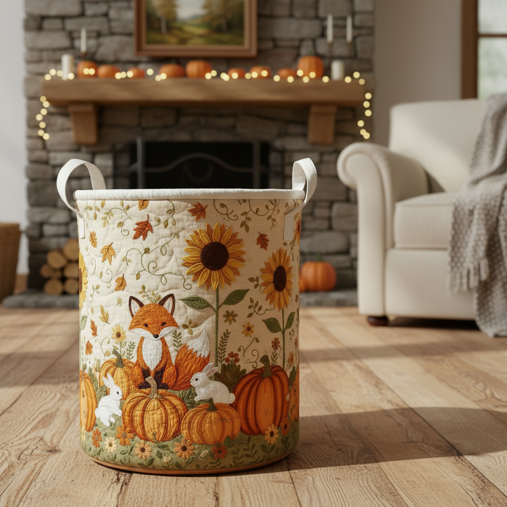 Quilted Laundry Basket Fall Fox Pumpkin, Cottagecore Autumn Storage Bin, Rustic Farmhouse Fabric Hamper, Decorative Organizer