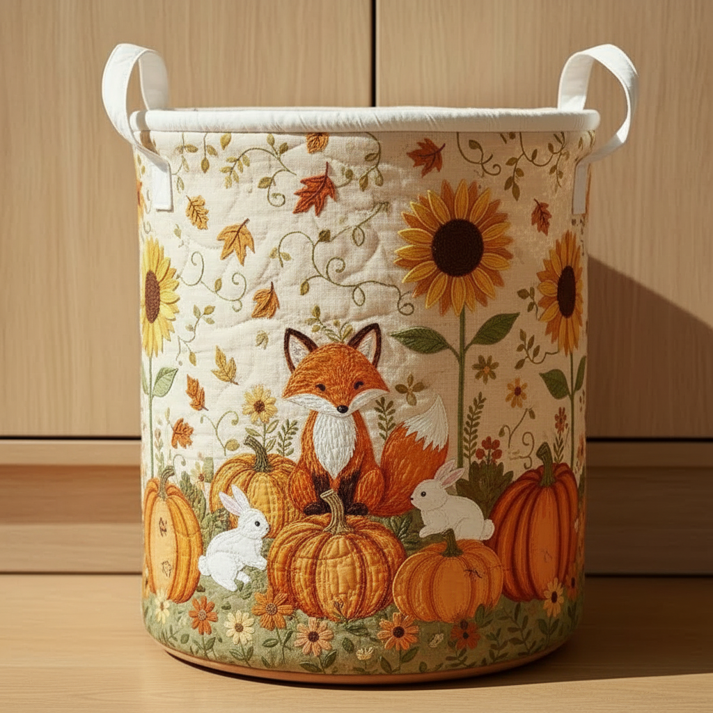 Quilted Laundry Basket Fall Fox Pumpkin, Cottagecore Autumn Storage Bin, Rustic Farmhouse Fabric Hamper, Decorative Organizer