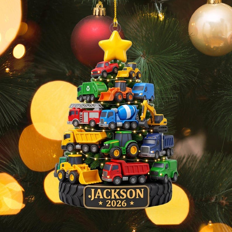 Personalized Construction Truck Ornament, Toddler Boy Christmas Keepsake, Custom Excavator Gift, Little Boy Vehicle Decor,Fire Truck Present ACRYLICOR17