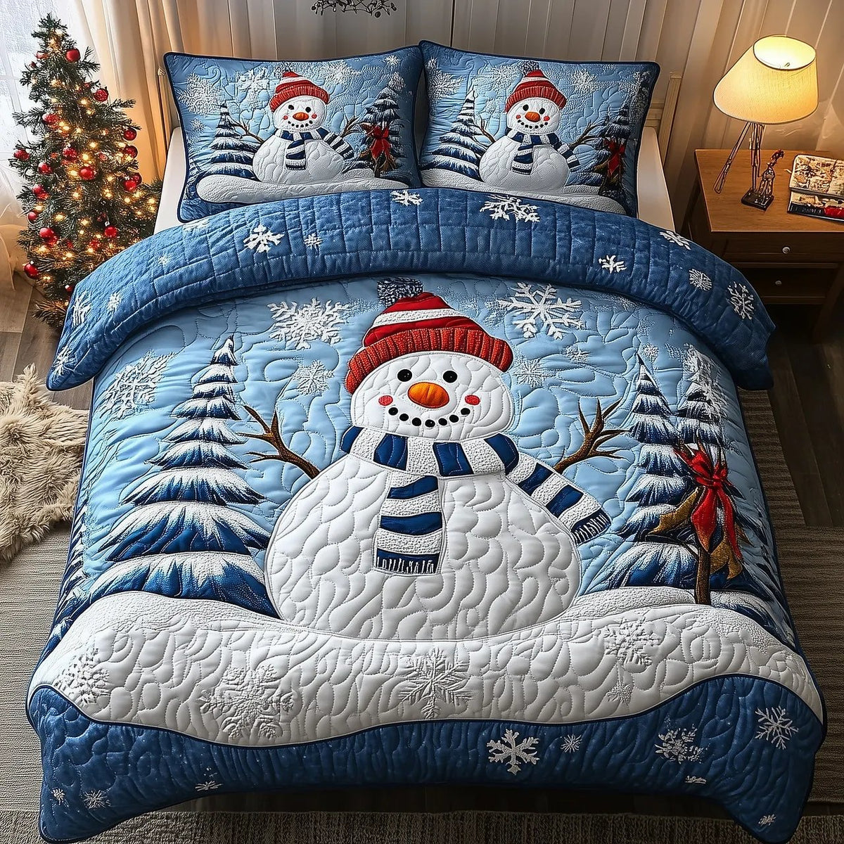 Snowman Quilted Bedding Set, Christmas Bedspread with Pillowcases, Festive Winter Bedroom Decor, Bedding Decor PTBED50