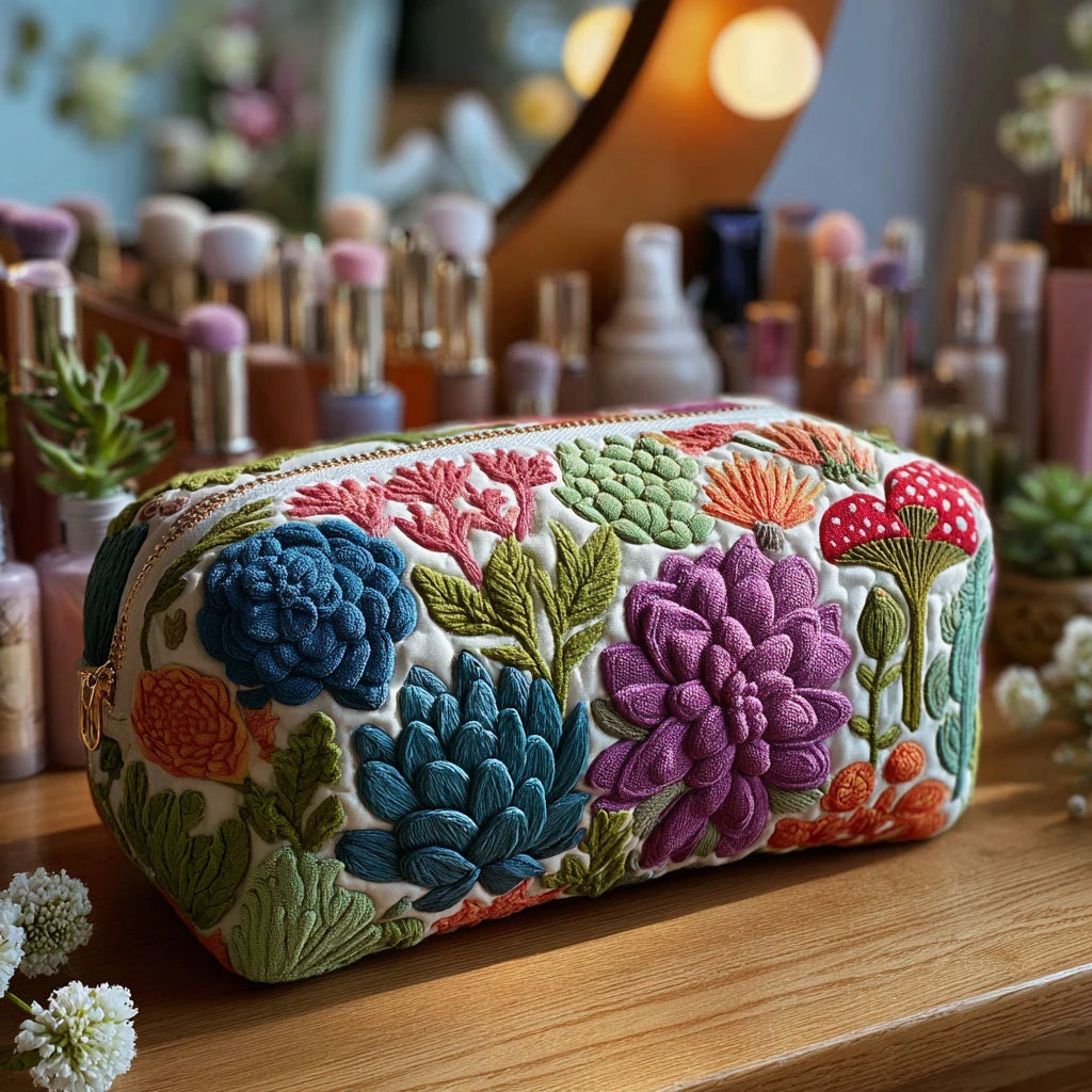 Quilted Succulent Garden Makeup Bag, Botanical Floral Cosmetic Pouch, Travel Toiletry Organizer – QMBPETAL18