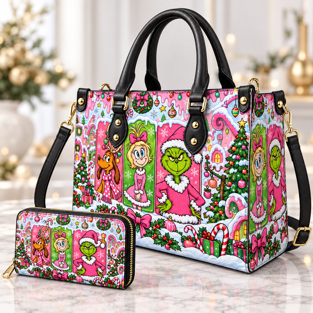 Pink Grinchmas Leather Handbag, Grinch Christmas Pattern Leather Tote Bag, Grinch Wallet Purse, Grinch Lover Gift, Christmas Bag GBAG18