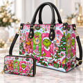 Pink Grinchmas Leather Handbag, Grinch Christmas Pattern Leather Tote Bag, Grinch Wallet Purse, Grinch Lover Gift, Christmas Bag GBAG18