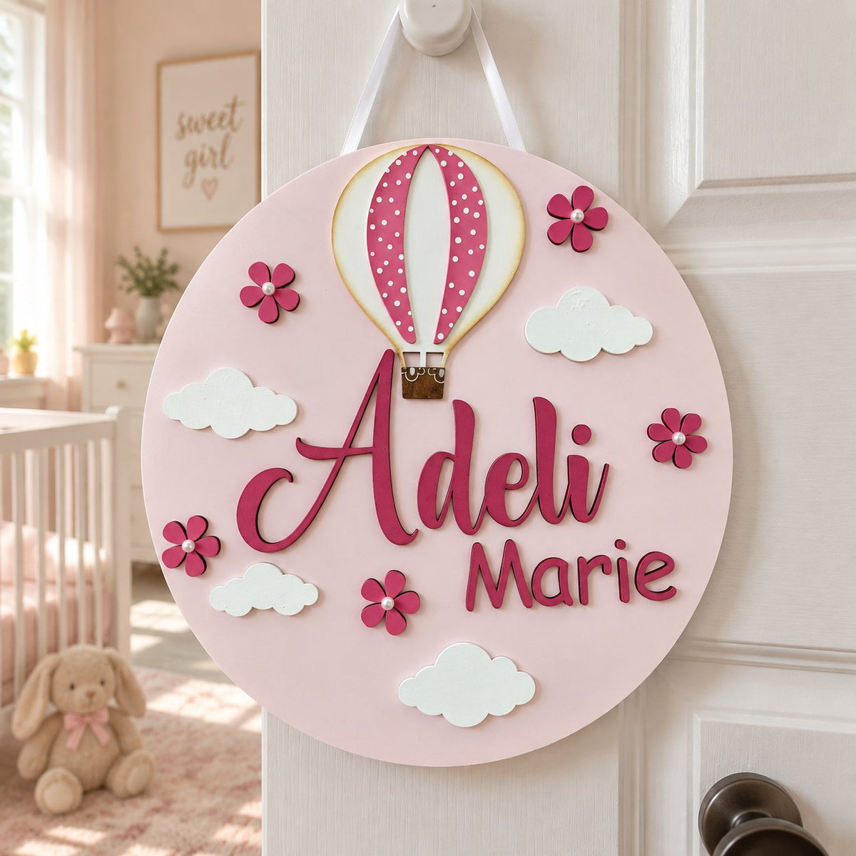 Personalized Hot Air Balloon Wooden Sign, Custom Baby Girl Name Plaque, Pink Nursery Decor, Kids Room Door Hanger WOODKID14