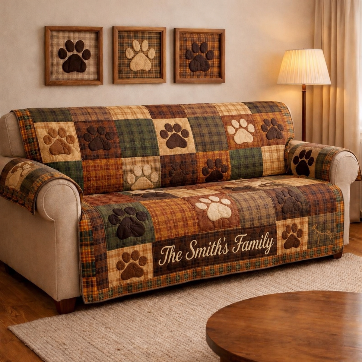 Personalized Vintage Pet Paws Quilted Sofa Cover, Pet Paws Sofa Cover, Patchwork Couch Throw, Sofa Protector, Holiday Sofa Decor QUILTSOFA15