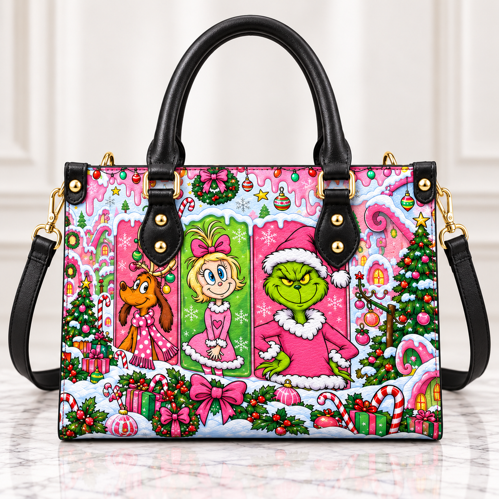 Pink Grinchmas Leather Handbag, Grinch Christmas Pattern Leather Tote Bag, Grinch Wallet Purse, Grinch Lover Gift, Christmas Bag GBAG18