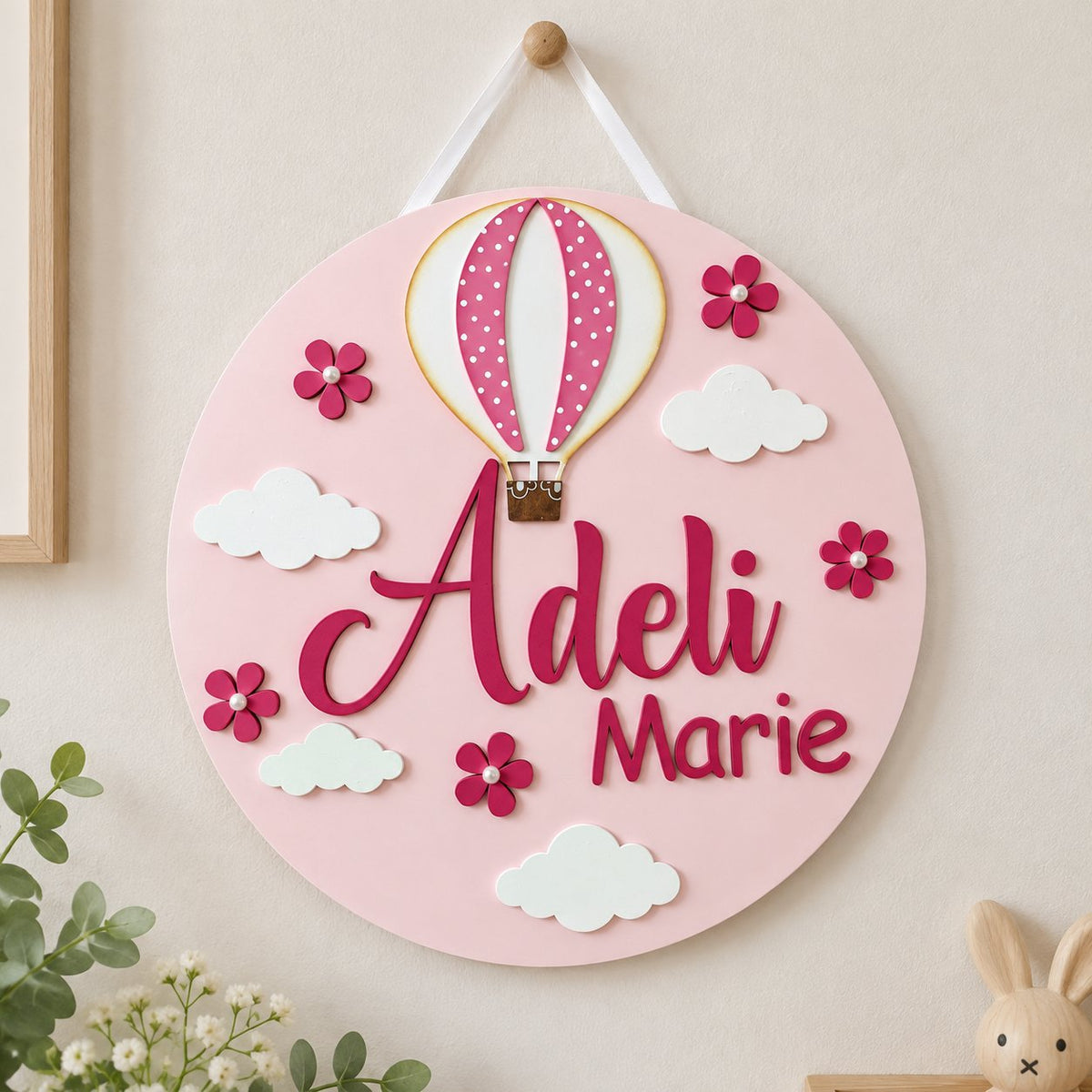 Personalized Hot Air Balloon Wooden Sign, Custom Baby Girl Name Plaque, Pink Nursery Decor, Kids Room Door Hanger WOODKID14