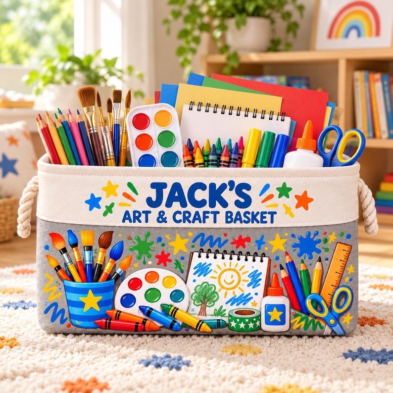 Personalized Kids Art Supply Basket, Custom Craft Storage Organizer Bin, Childrens Painting Caddy, Homeschool Playroom Decor BBPETAL27