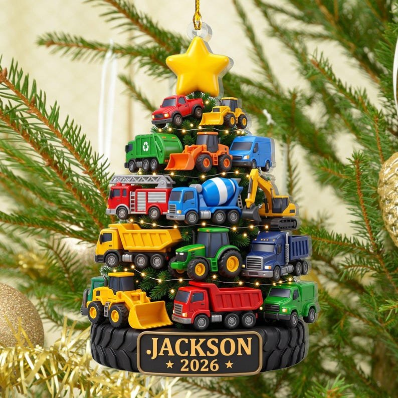 Personalized Construction Truck Ornament, Toddler Boy Christmas Keepsake, Custom Excavator Gift, Little Boy Vehicle Decor,Fire Truck Present ACRYLICOR17