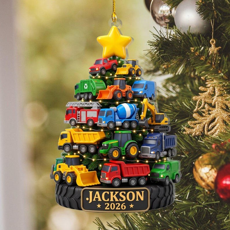 Personalized Construction Truck Ornament, Toddler Boy Christmas Keepsake, Custom Excavator Gift, Little Boy Vehicle Decor,Fire Truck Present ACRYLICOR17