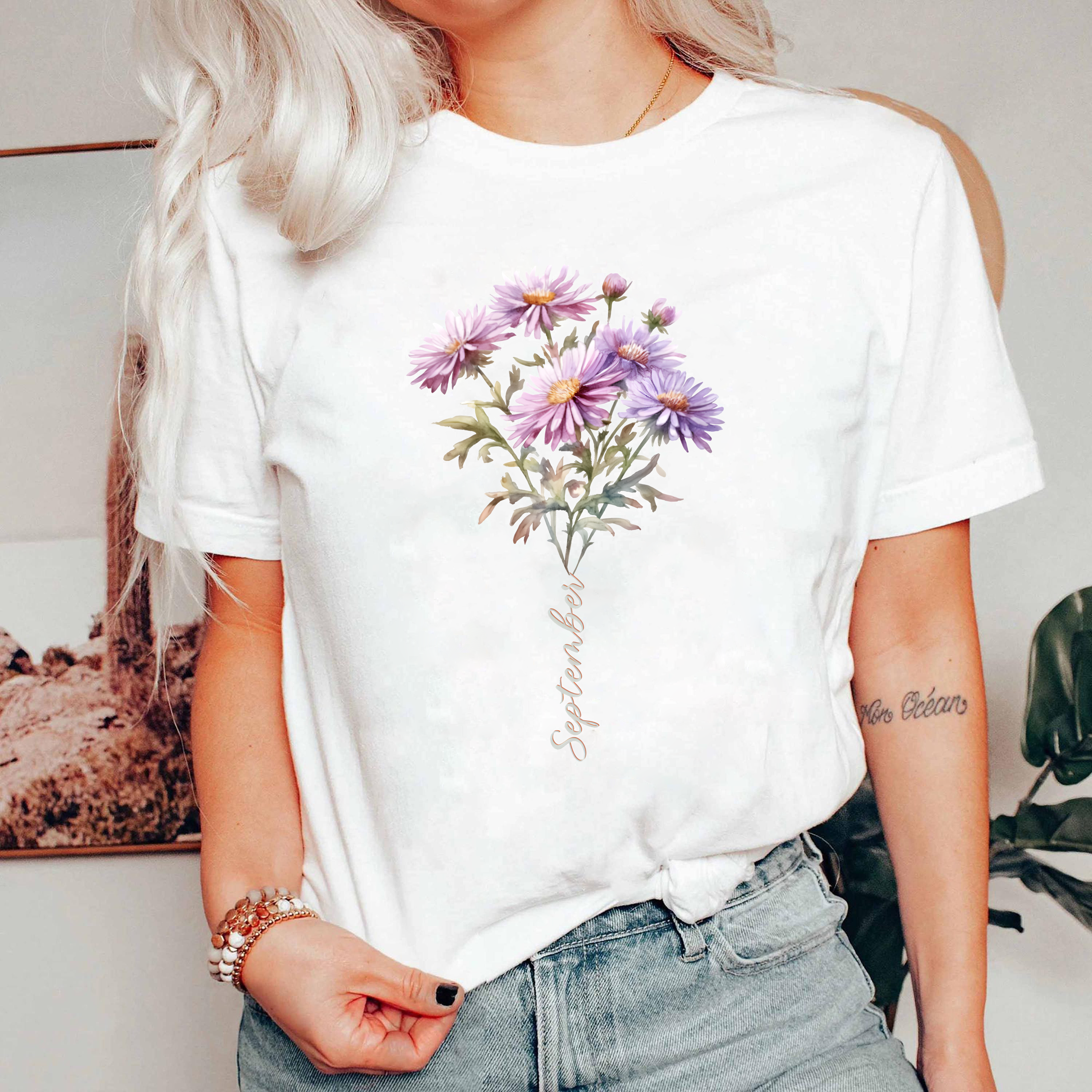 September Birth Flower Shirt, Aster Floral Tee, Birthday Gift Shirt, Botanical Flower Shirt, Vintage Floral Tee