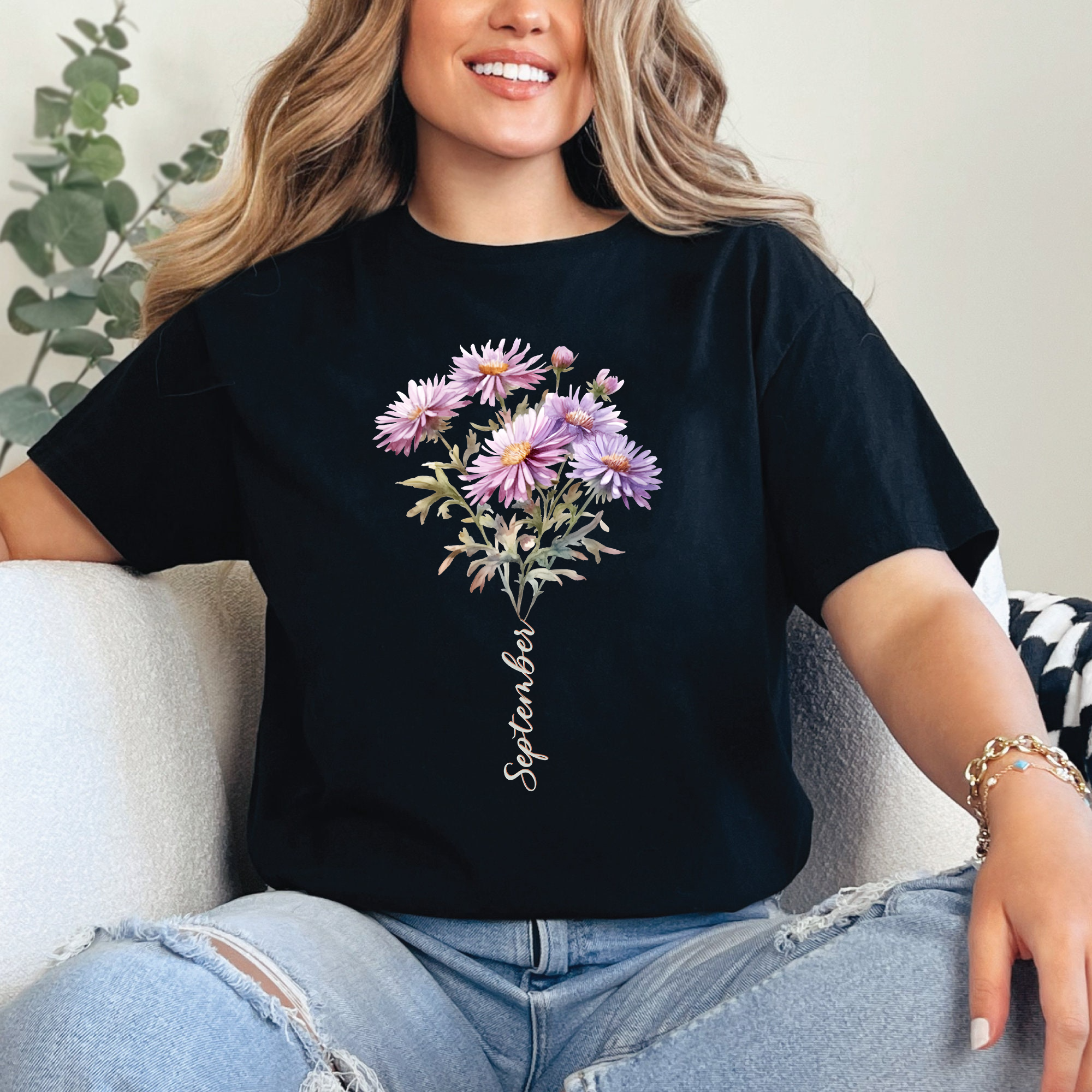 September Birth Flower Shirt, Aster Floral Tee, Birthday Gift Shirt, Botanical Flower Shirt, Vintage Floral Tee