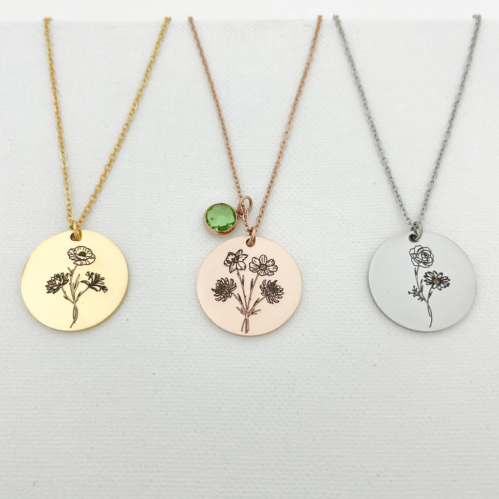 Personalized Family Birth Flower Bouquet Necklace with Birthstone, Custom Jewelry Gift, Mother's Day Gifts, Christmas Gift for Her