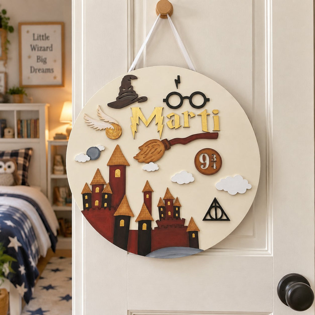 Personalized Wizard Wooden Sign, Custom Boy Name Door Hanger, Magic Castle Nursery Decor, Fantasy Kids Room Sign WOODKID15