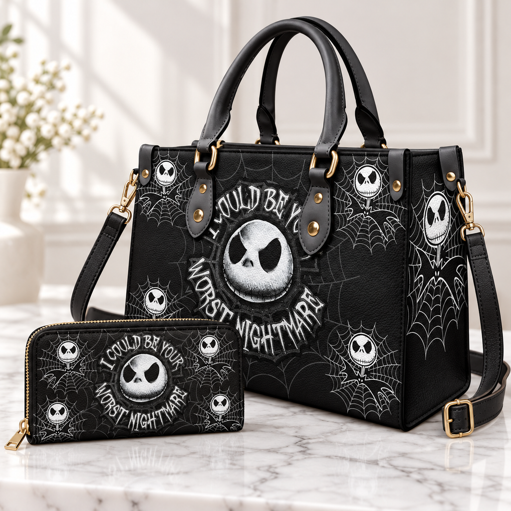 The Nightmare Before Christmas Leather Handbag, Jack Skellington Leather Tote Bag, Skellington Wallet Purse, Custom Bag Gift SBAG01
