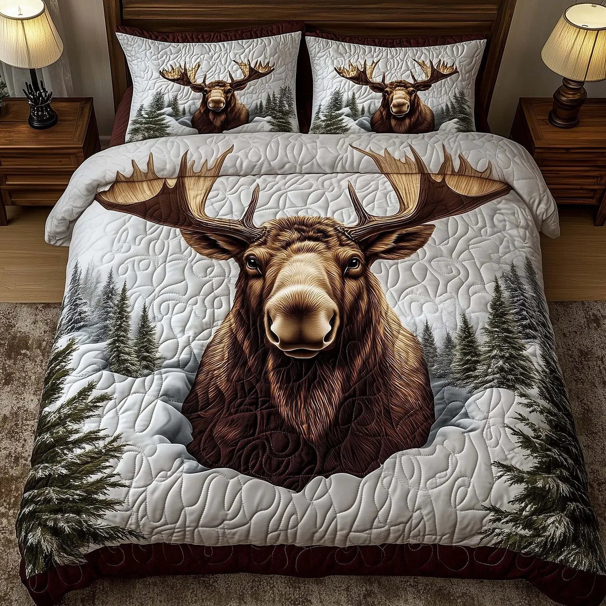 Moose Forest Quilted Bedding Set, Forest Patchwork Bedspread with Pillowcases, Festive Winter Bedroom Decor, Bedding Decor PTBED51