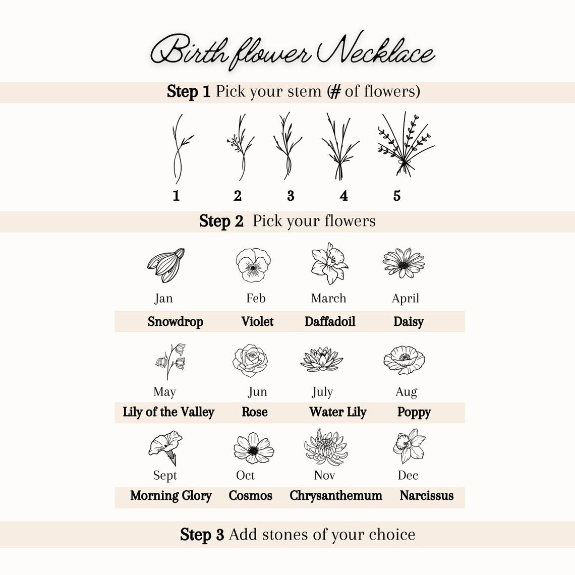 Personalized Family Birth Flower Bouquet Necklace with Birthstone, Custom Jewelry Gift, Mother's Day Gifts, Christmas Gift for Her