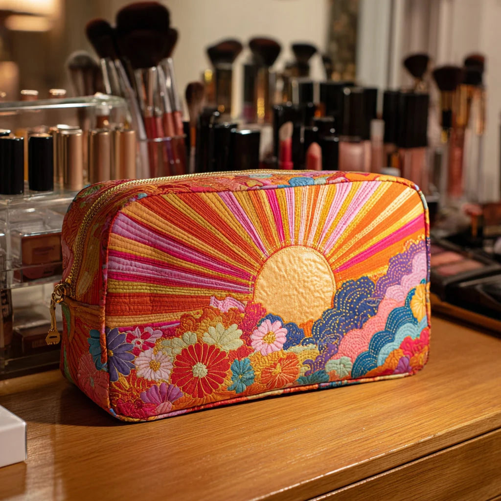 Quilted Sunrise Bloom Makeup Bag, Colorful Floral Cosmetic Pouch, Travel Toiletry Organizer – QMBPETAL19
