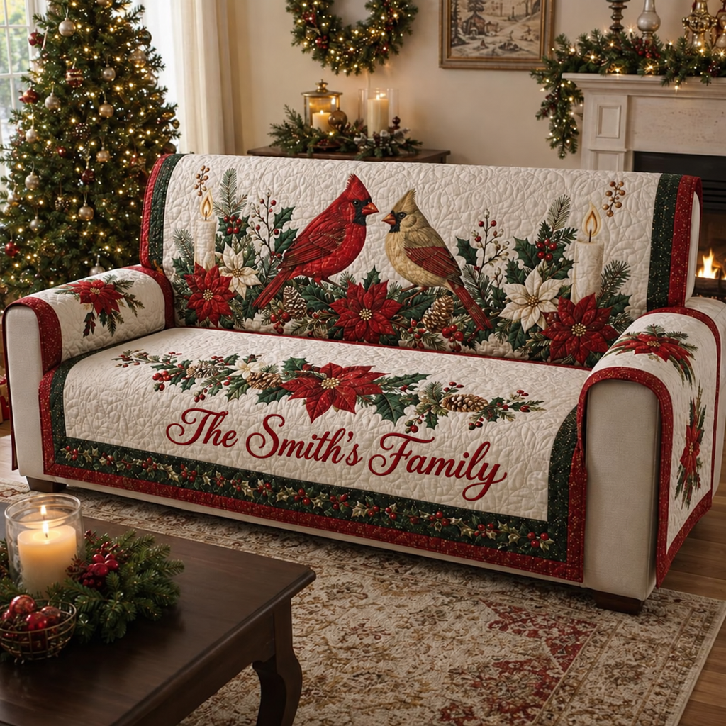 Personalized Christmas Cardinals Quilted Sofa Cover, Christmas Sofa Cover, Patchwork Couch Throw, Sofa Protector, Holiday Sofa Decor QUILTSOFA17