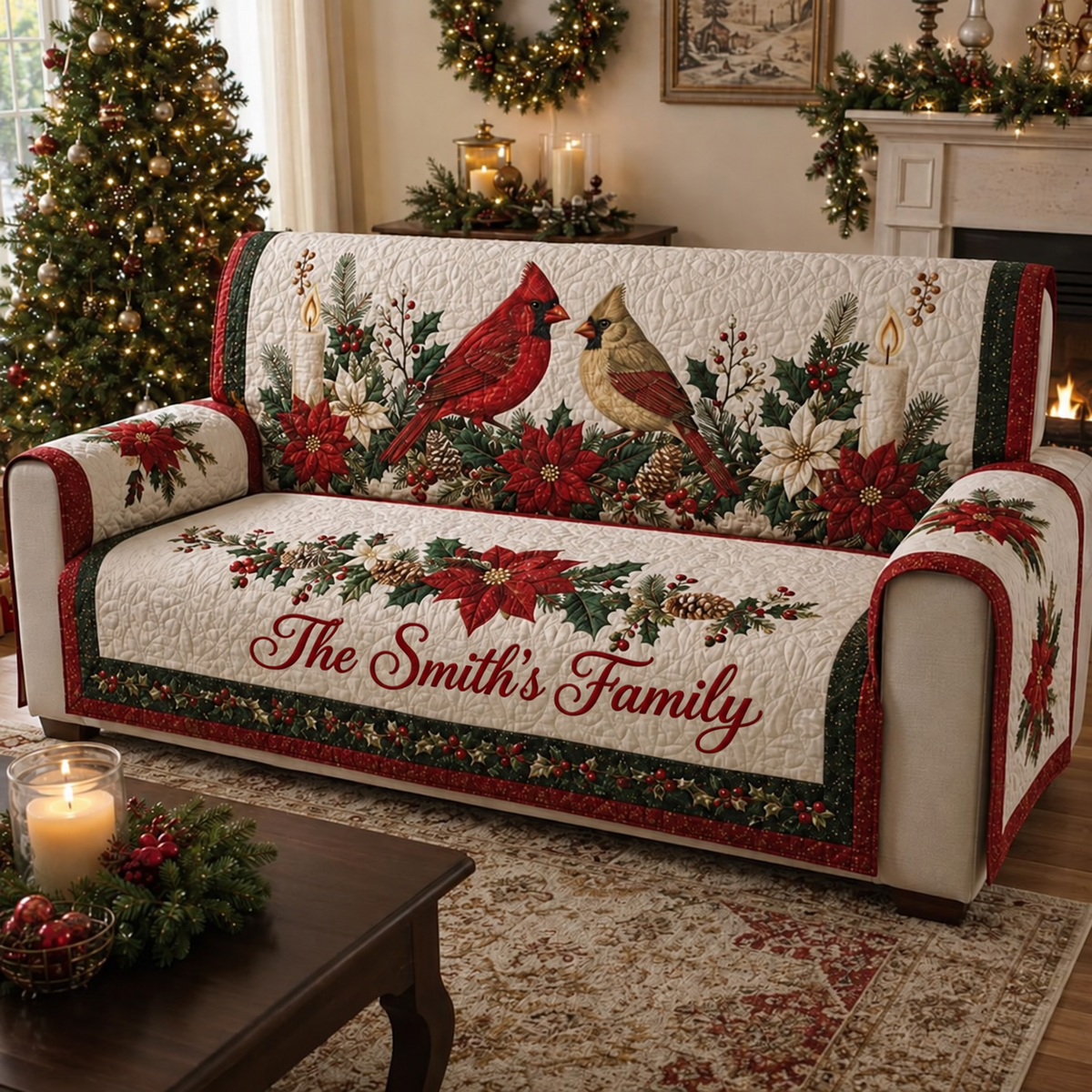 Personalized Christmas Cardinals Quilted Sofa Cover, Christmas Sofa Cover, Patchwork Couch Throw, Sofa Protector, Holiday Sofa Decor QUILTSOFA17