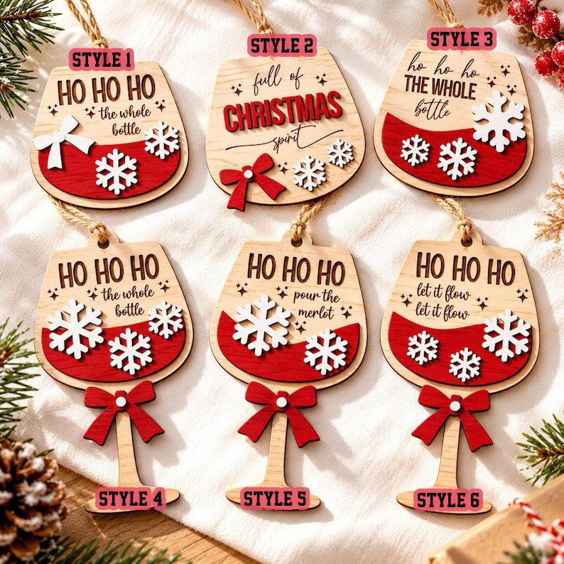 Christmas Wine Glass Wooden Ornament, Christmas Tree Decor, Wine Lover Gift, Holiday Bar Decoration, Christmas Tree Hanging Decor WOODOR01