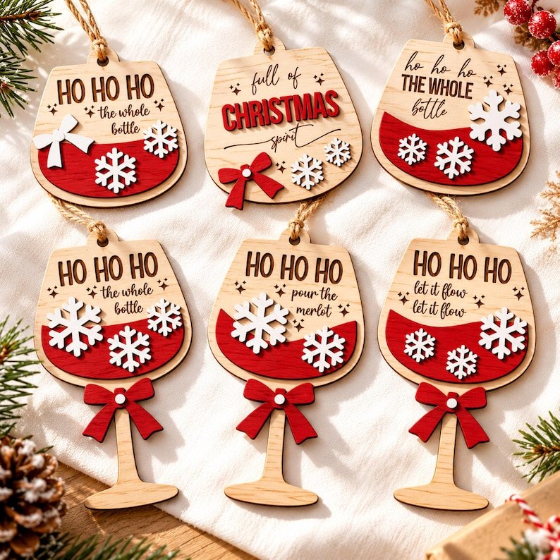 Christmas Wine Glass Wooden Ornament, Christmas Tree Decor, Wine Lover Gift, Holiday Bar Decoration, Christmas Tree Hanging Decor WOODOR01