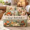 Personalized Book Storage Basket,  Sage Green Fabric Organizer with Woodland Animals and Rope Handles BBPETAL12