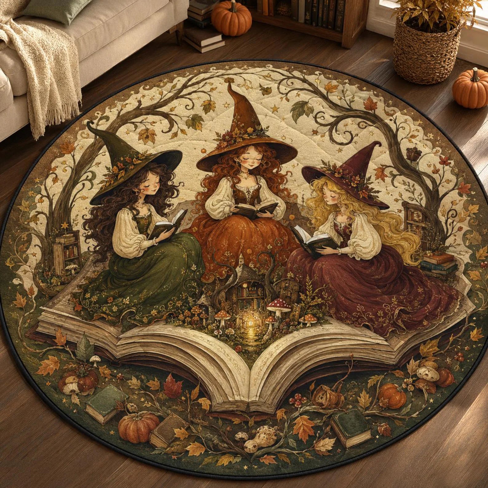 Cottagecore Witches Reading Quilt Round Rug, Storybook Witch Floor Decor, Three Bookish Witches Home Rug, Halloween Room, Daughters Mat. QRPETAL28