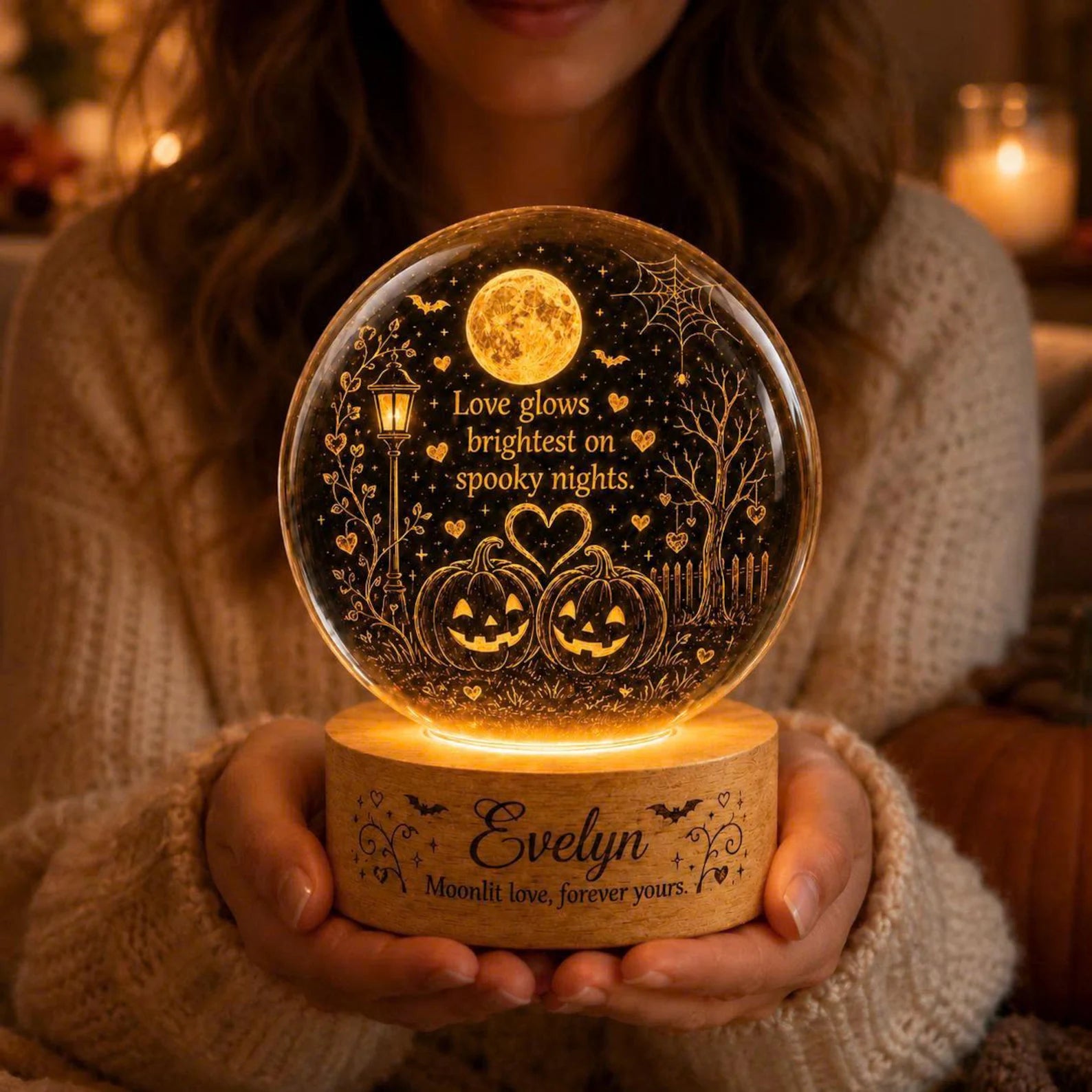 Personalized Halloween Moon Lamp, Custom Name Night Light, Pumpkin Couple LED Decor. LEDPETAL22