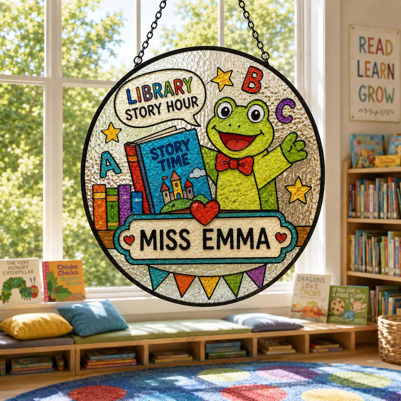 Personalized Frog Teacher Suncatcher, Library Story Hour Window Decor, Reading Classroom Gift, School Library Decor, Librarian Gift. SUNPETAL11