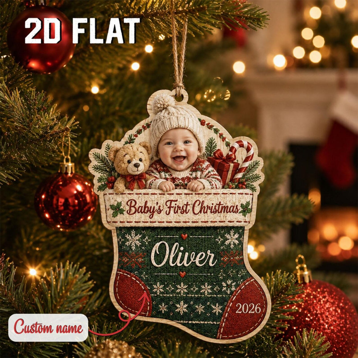 Personalized Baby First Christmas Ornament 2026, Custom Photo Wooden Stocking, Newborn Keepsake, Baby Boy Girl Holiday Gift	COPETAL26