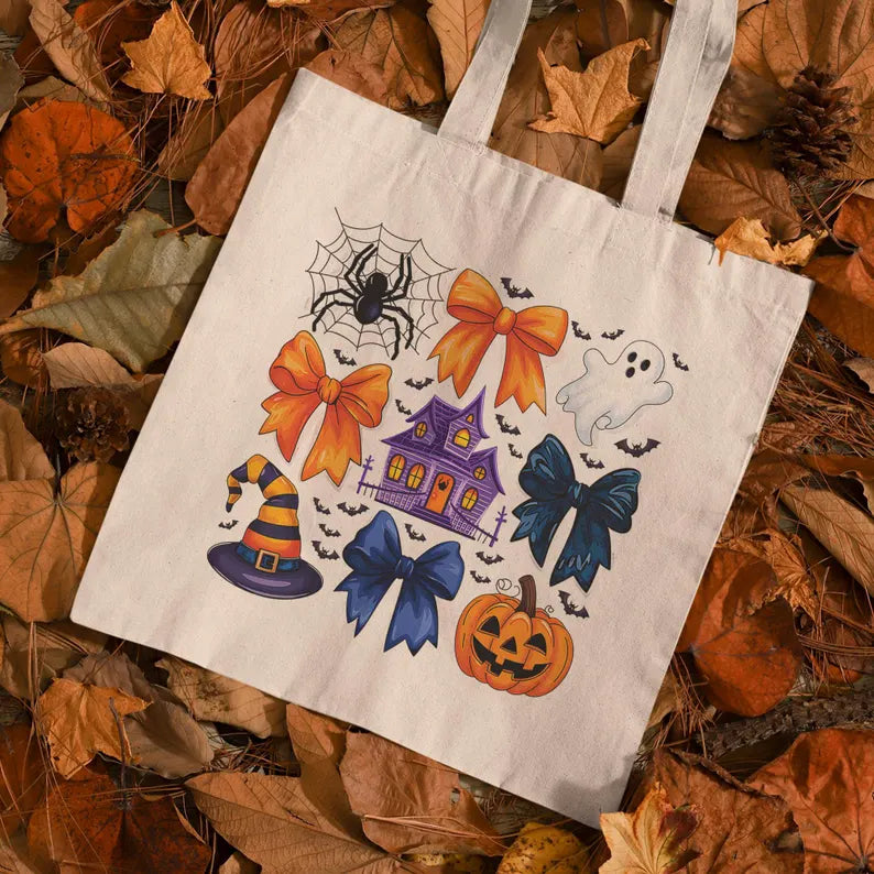 Halloween Coquette Pumpkin Ghost Canvas Tote Bag, Cute Spooky Travel Bag, Rustic Halloween Gift For Her, Cute Trick or Treat Tote for Mama. HLWTBPETAL15