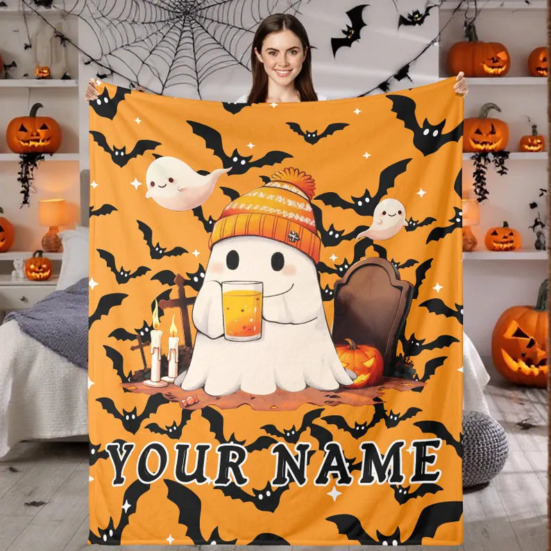 Custom Cute Ghost Halloween Blanket, Personalized Name Spooky Throw Blanket for Women Men, Halloween Boo Gift for Him Her Kids Boys Girls. BLKPETAL1