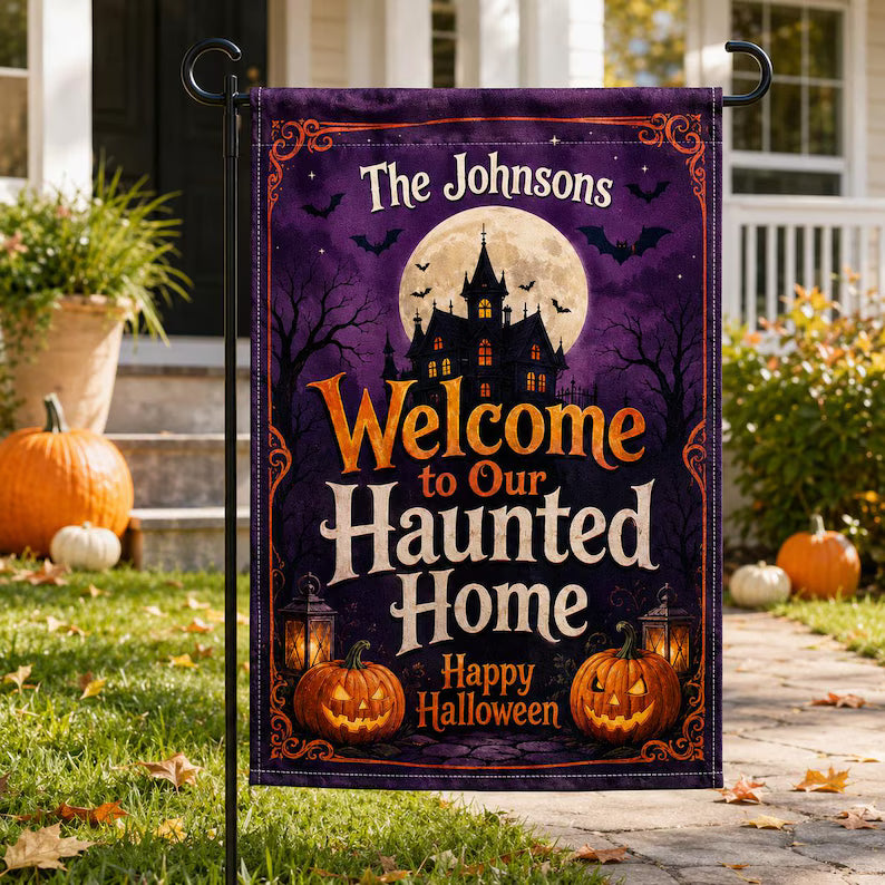 Personalized Halloween Garden Flag, Custom Family Name Yard Flag, Welcome to Our Haunted Home, Pumpkin Outdoor Porch Lawn Decor. HLWGFPETAL9