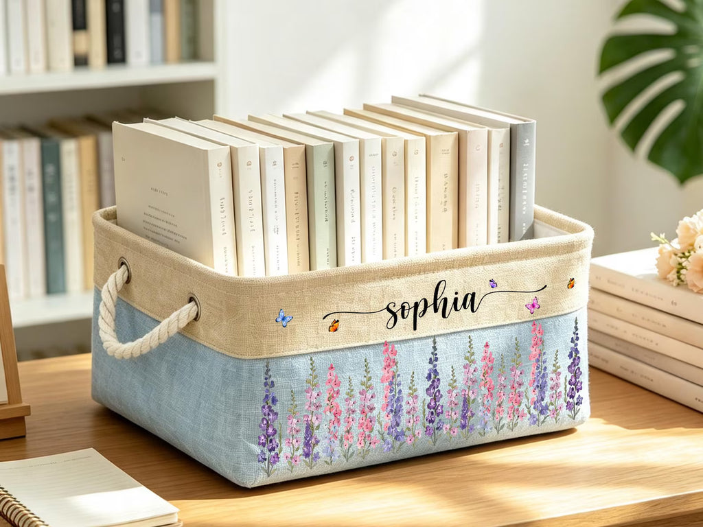 Custom Birth Flower & Name Book Basket For Her, Wife, Daughter, Sister, Coworker, Personalized Storage Basket, Storage Book Holder Gift. BBPETAL7