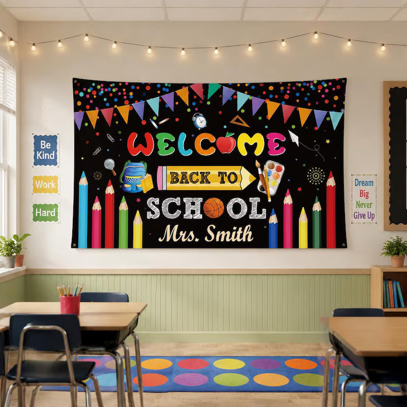 Custom Welcome Back To School Tapestry, Personalized Teacher Name Classroom Banner, Back To School Party Decor, Classroom Backdrop. CBPETAL16