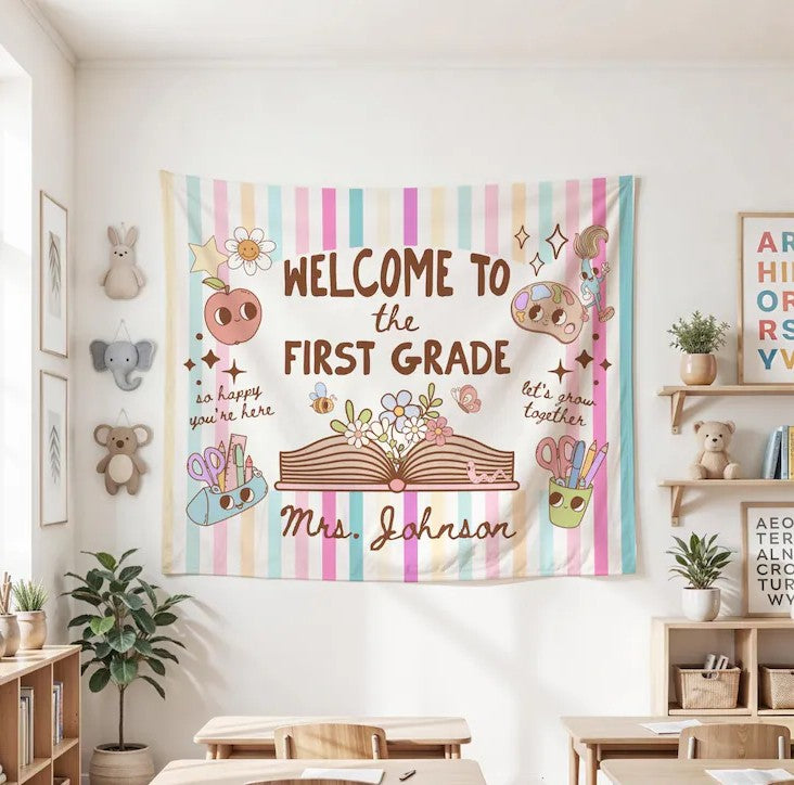 Custom First Grade Classroom Poster or Banner, Retro Classroom Decor, Elementary Teacher Pastel Wall Art, Back to School. CBPETAL11