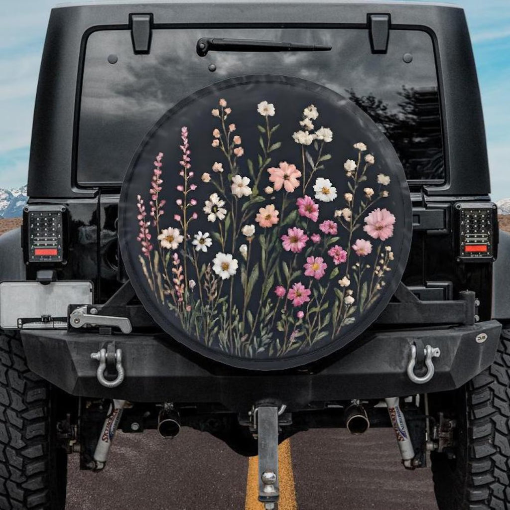 Wild Flowers Spare Tire Cover, White Purple Pink Floral Wheel Backup Camera Hole RV. TCPETAL8