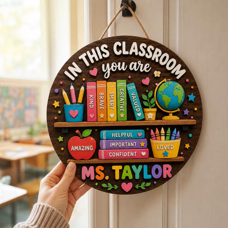 Custom Teacher 3D Door Welcome Hanger | Personalized Wooden Classroom Name Sign | Back to School Gift for Teacher | Desk Name Plate. DHPETAL04