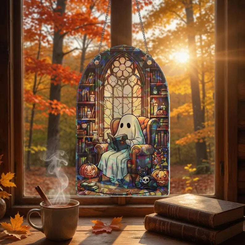 Halloween Ghost Hologram Acrylic Ornament: Gothic Window Hanging, Spooky Cute Decor, Autumn & Witchy Home Accent. HSPETAL13