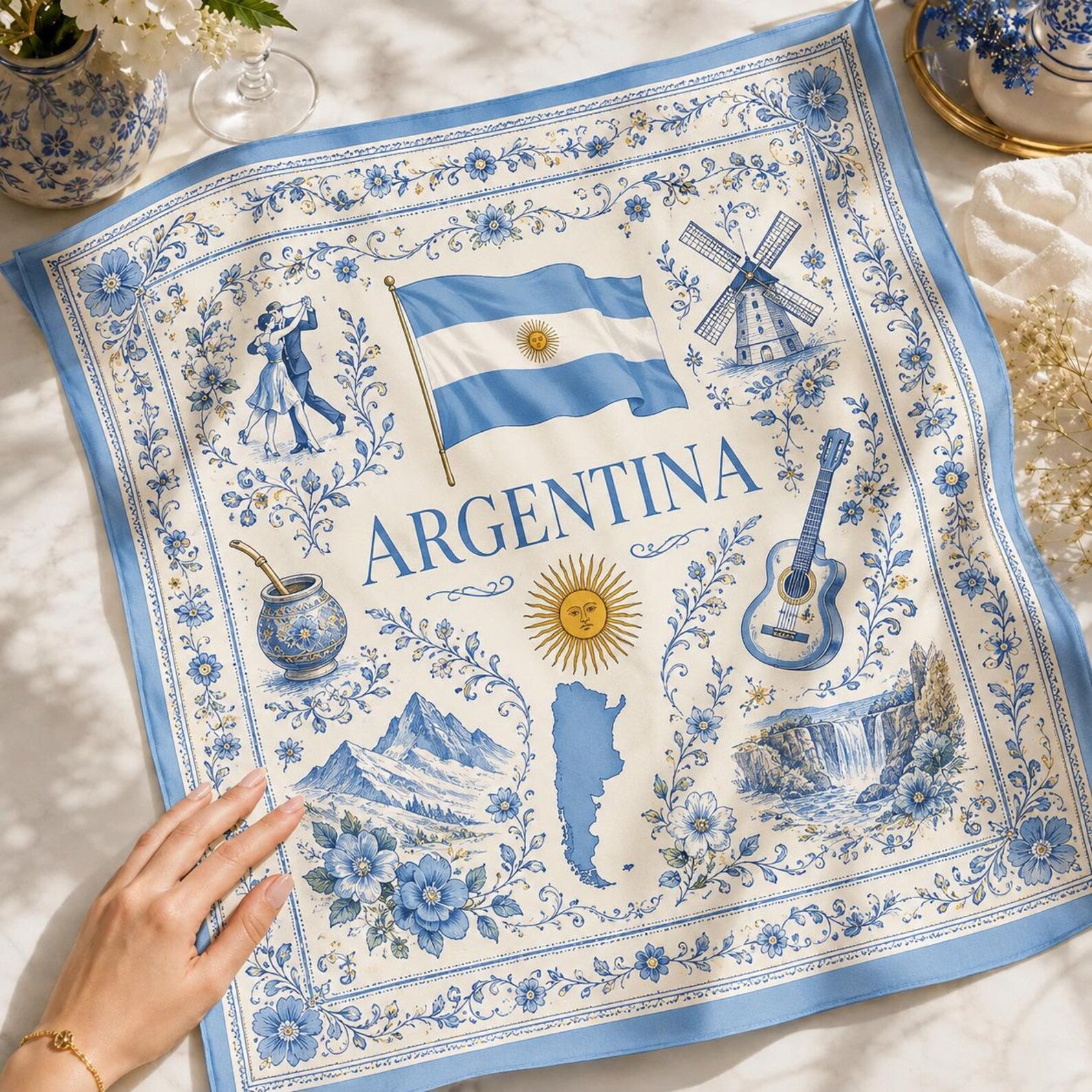 Argentina Satin Head Scarf, Football Fan Scarf for Match Day, Silk Bandana, Argentina Flag Hair Scarf, Gift for Fans. SSPETAL13