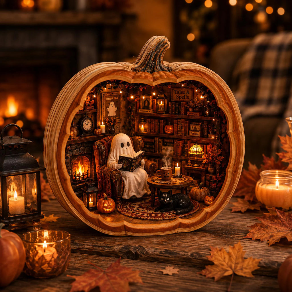 Halloween Wooden Block Village, Spooky Ghost Pumpkin Shelf Sitter, Fall Decor. WBPETAL19
