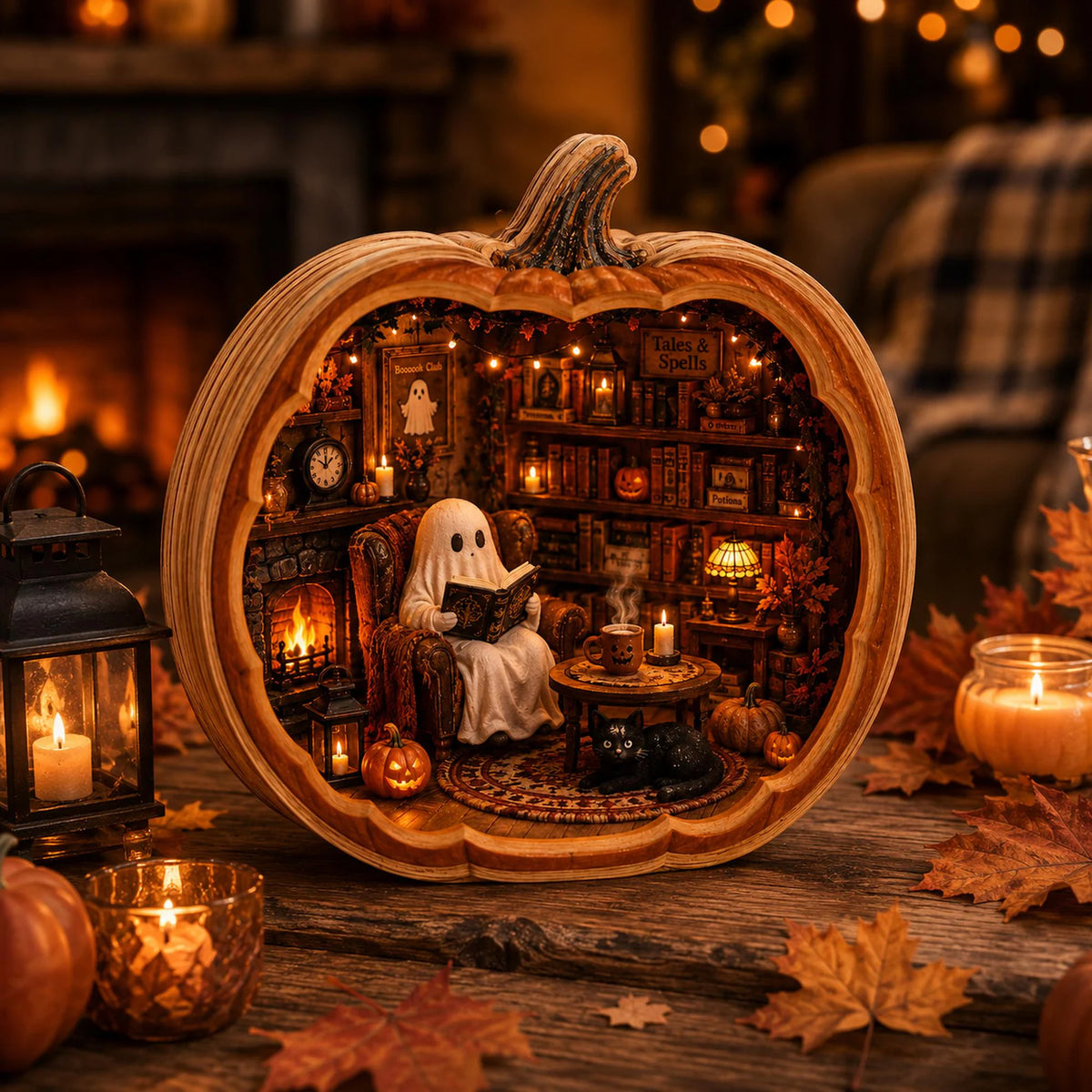 Halloween Wooden Block Village, Spooky Ghost Pumpkin Shelf Sitter, Fall Decor. WBPETAL19