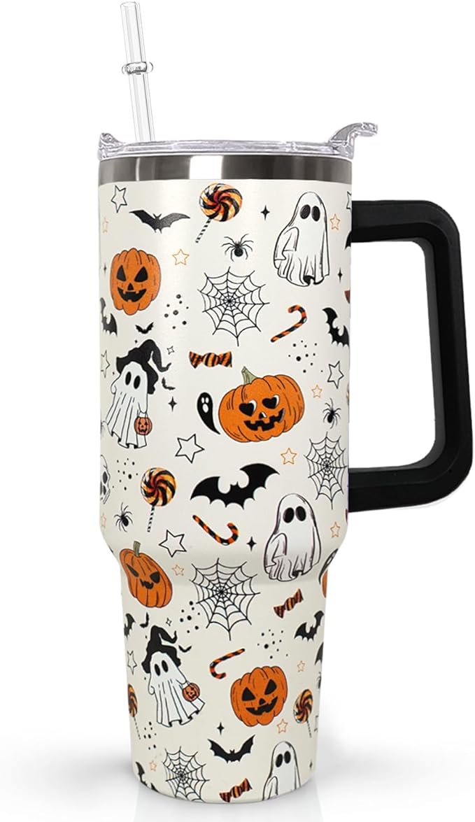 Ceovfoi 40 oz Halloween Pumpkin Tumbler Insulated Stainless Water Bottle Travel Coffee Cup, Water Bottle - Goth Ghost Witch Decor Gift for Women. TBLPETAL13