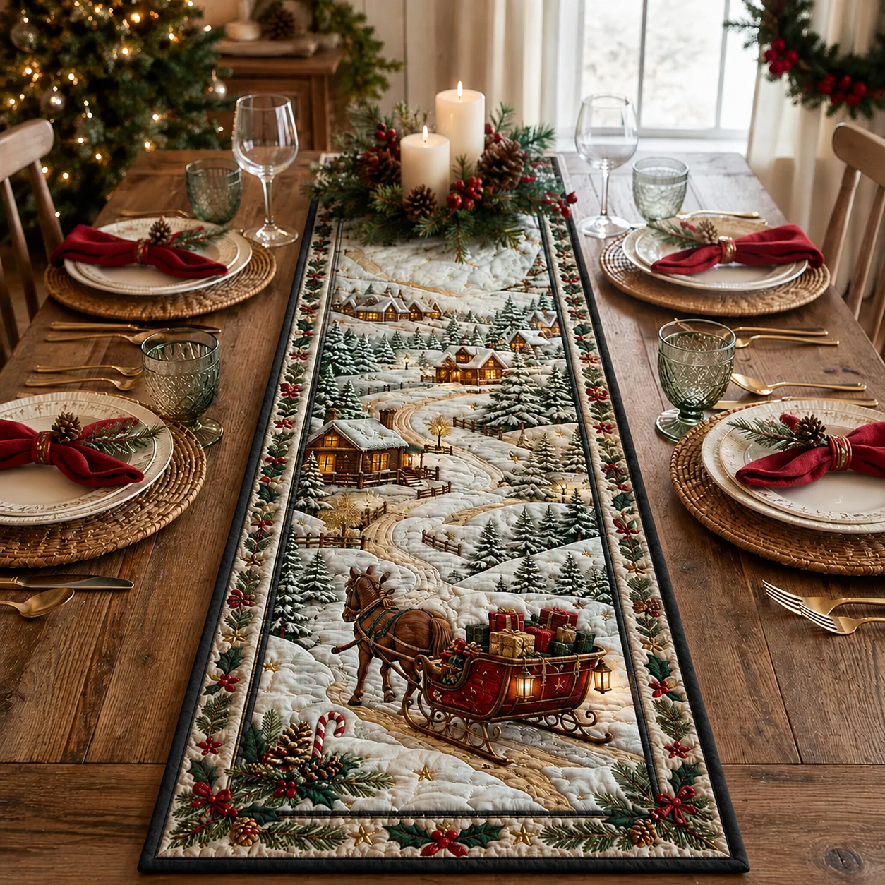 Quilted Winter Village Table Runner, Rustic Christmas Sleigh Dining Decor. QTRPETAL3