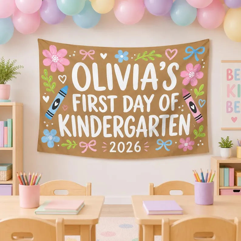 Custom First Day of Kindergarten Banner, Personalized Kid Name School Backdrop, Coquette Floral Back to School Photo Sign, 2026 Gift. CBPETAL10