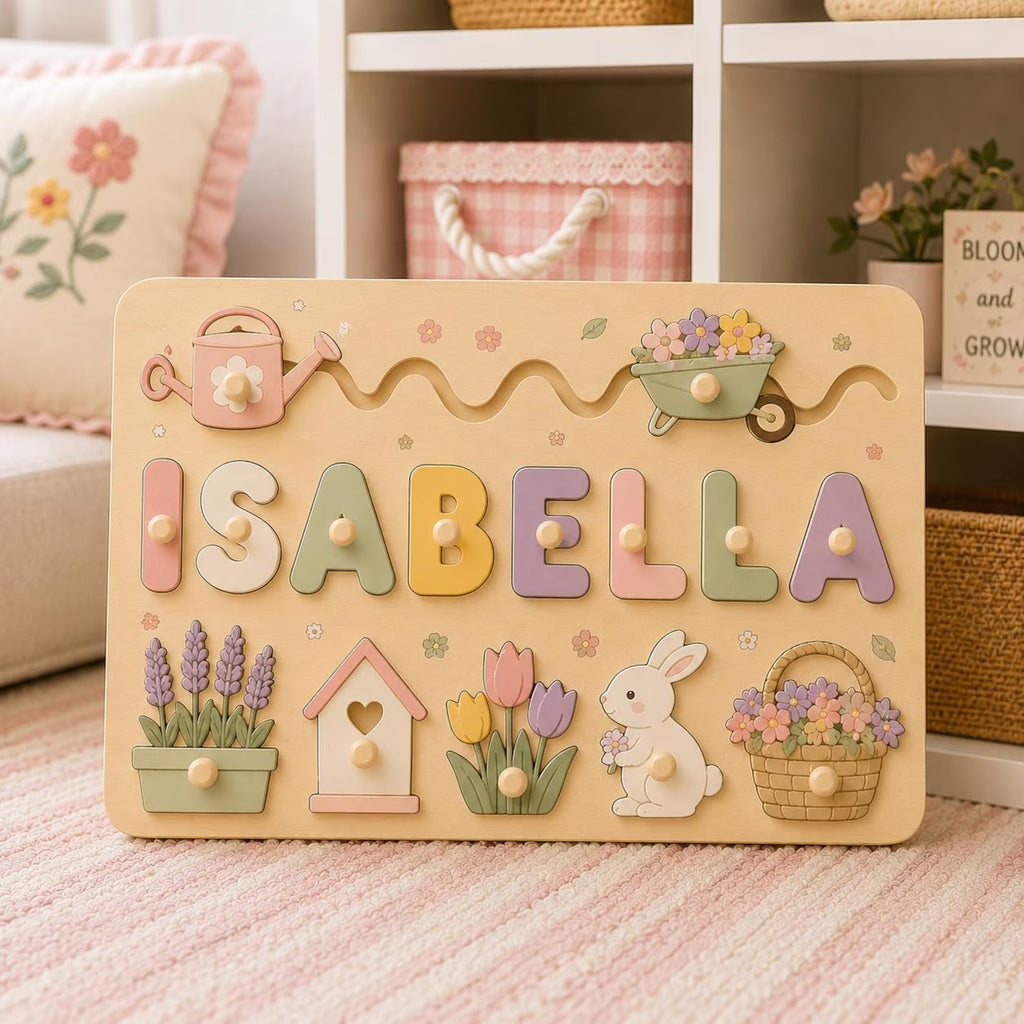 Personalized Garden Name Puzzle, Wooden Floral Name Puzzle for Toddlers, Custom Baby Name Puzzle, Montessori Wooden Toy, Girl Gift. NPPETAL24